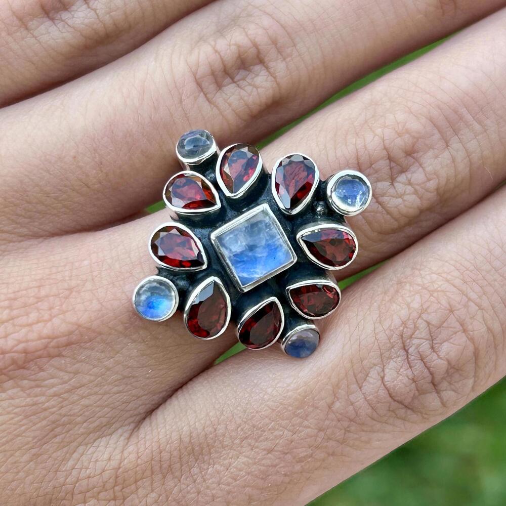 Nicky Butler Genuine Garnet and Moonstone Floral Ring in 915 Sterling Silver